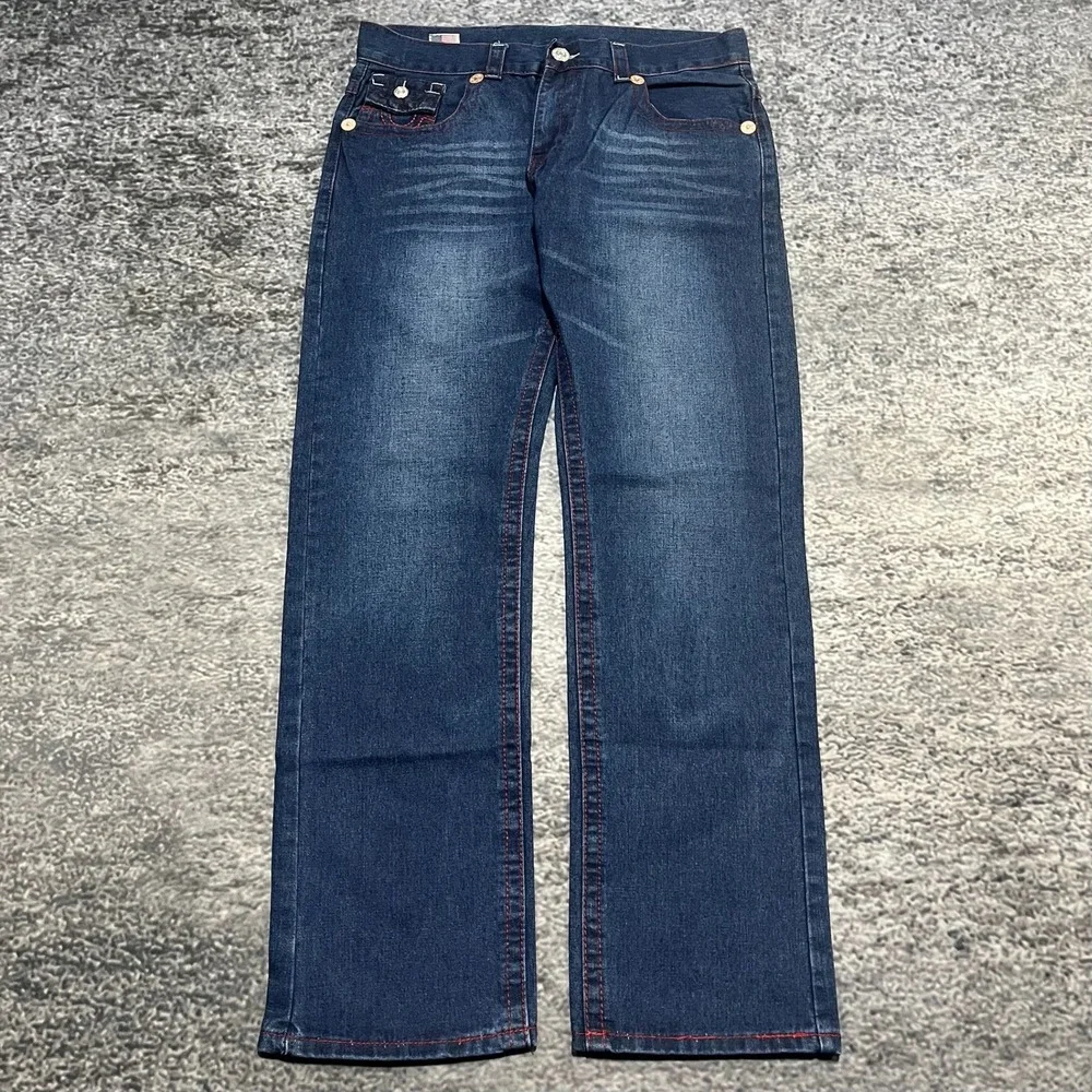 True Religion Straight Jeans Mens 38x34 Blue Red Stitched Logo‎ Flap Pockets Y2K